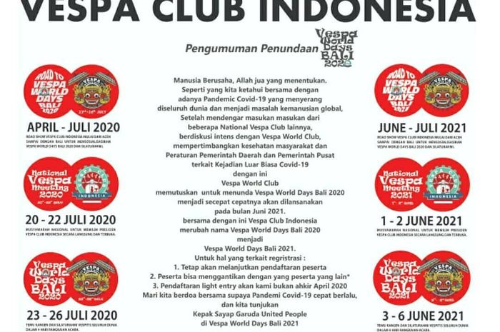 Imbas pandemi Covid-19, seluruh agenda Vespa World Club ditunda 1 tahun