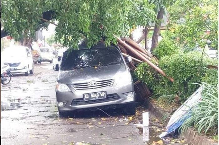 Toyota Kijang Innova tertimpa pohon di kawasan Pasar Kembang Solo, Jawa Tengah