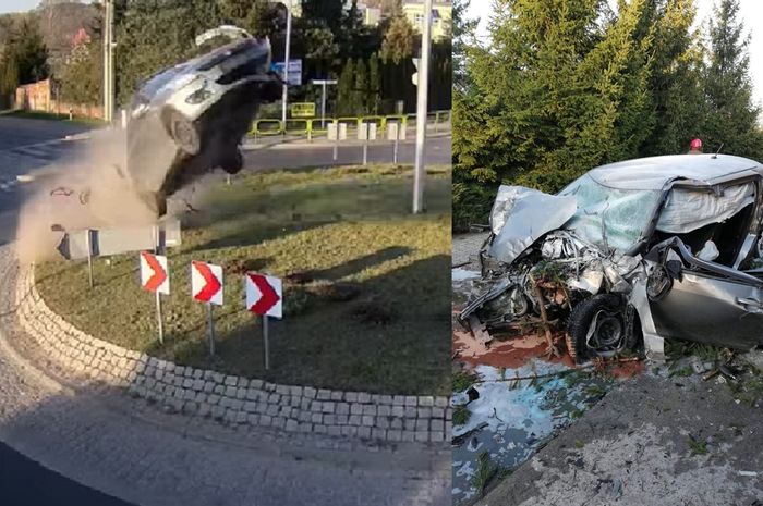 Sebuah Suzuki Swift alami kecelakan hebat usai menabrak bundaran persimpangan jalan di Kota Lodz, Polandia, Minggu (12/4/2020)