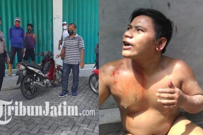 Tersangka hanya memakai celana dalam di pinggir selokan Ruko Centraland Kota Baru Driyorejo (KBD), Rabu (22/4/2020).