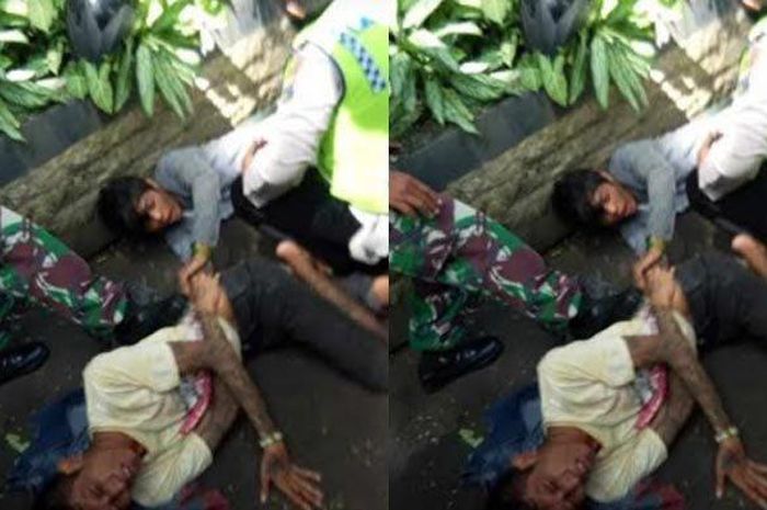 Dua pelaku jambret setelah dihajar tukang becak motor dan pengendara ojek online di depan hotel kawasan Gunungsari, Jumat (24/4/2020). 