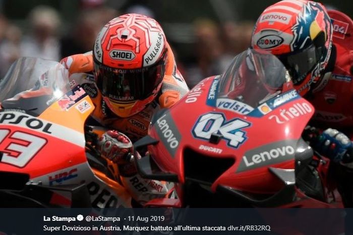 Marc Marquez (#93) dan Andrea Dovizioso (#04) bersaing ketat dalam balapan MotoGP Austria di Red Bull Ring, Austria, 11 Agustus 2019.