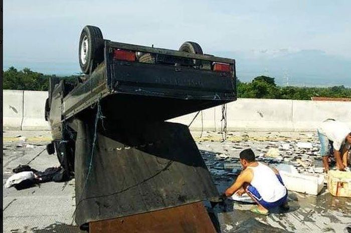 Daihatsu Gran Max pikap terbalik di tol Pasuruan-Probolinggo hingga membuat ratusan ekor ikan berceceran