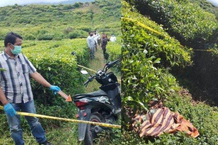 Penemuan mayat dan sebuah motor Honda BeAT di perkebunan teh objek wisata Aroma Peco, Kabupaten Kerinci, Jambi, Minggu (24/5/2020).