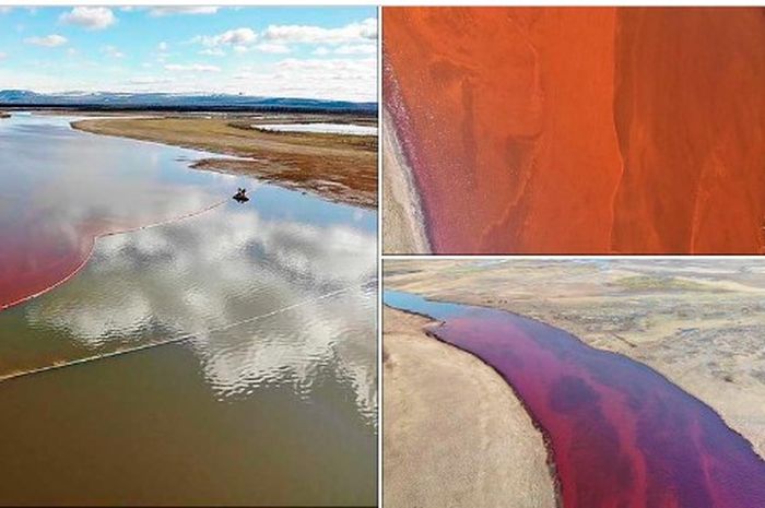 Penampakan sungai Ambarnaya, Rusia di Lingkaran Arktik karena tumpahan puluhan ribu ton minyak diesel