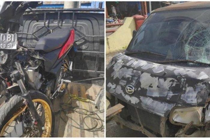 Sepeda motor Honda Supra ringsek usai menabrak sebuah Daihatsu Gran Max yang sedang  terpakir di daerah Siborongborong Tapanuli Utara, Senin (15/6/2020).
