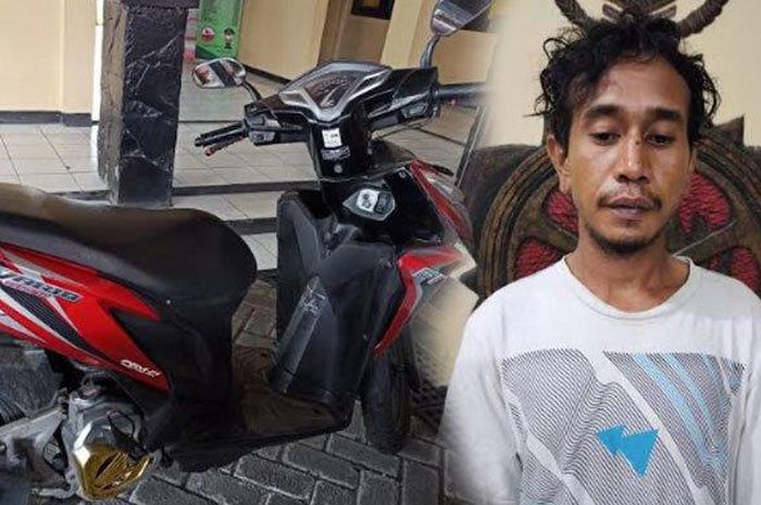Tersangka penggelapan motor dan barang bukti saat di Mapolsek Lakarsantri Surabaya. Ia nekat menggelapkan motor teman sendiri demi menggaet kembali istrinya.
