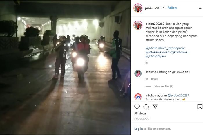 Tumpahan oli di Underpass Senen, Jakarta Pusat, Sabtu (4/7/2020) malam.