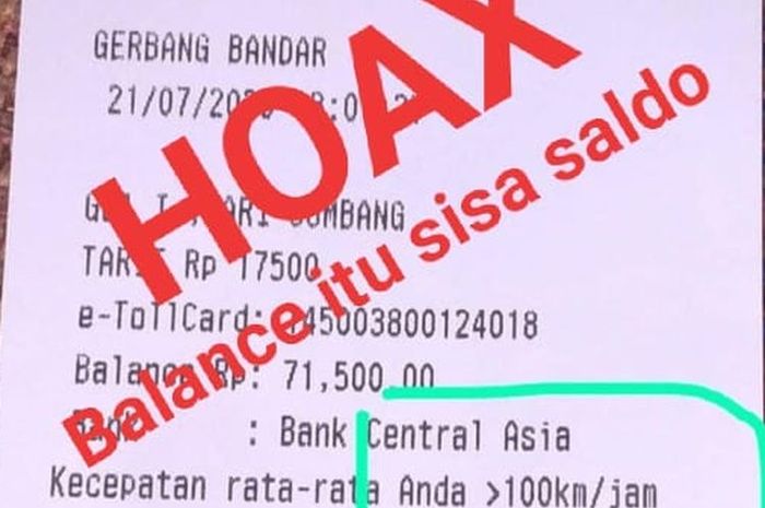 Foto setruk transaksi tol Jombang-Mojokerto disertai denda tilang akibat kecepatan lebih dari 100 km/jam