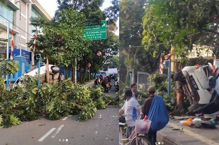 Sebuah foto yang memperlihatkan mobil LCGC berwarna putih tersangkut di pohon, viral di media sosial, Sabtu (1/8/2020).  