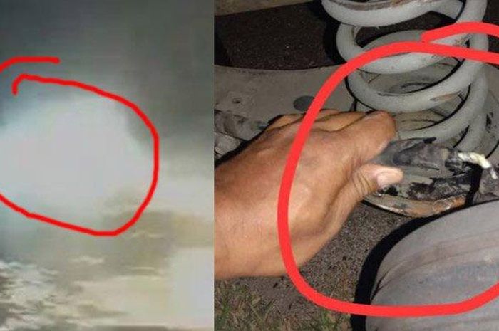 Sebuah batang besi menyangkut di roda mobil hingga nyaris membuat sekaluarga di kabin celaka.