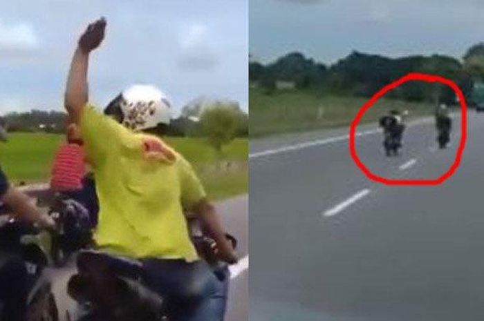 Seorang pengendara motor bebek dikeplak pengendara moge usai ia dan kawannya asi kebut-kebutan di jalan.