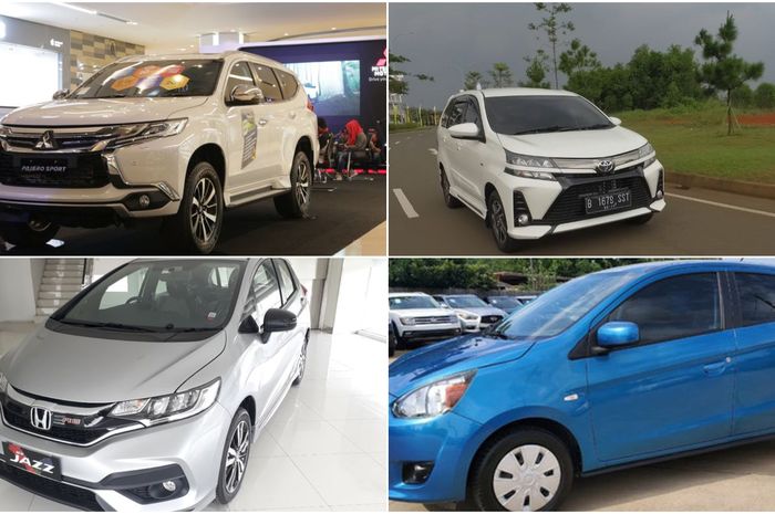 Kolase contoh jenis mobil SUV (Mitsubishi Pajero Sport Dakar), MPV (Toyota Avanza), hatchback (Honda Jazz RS) dan city car (Mitsubishi Mirage).