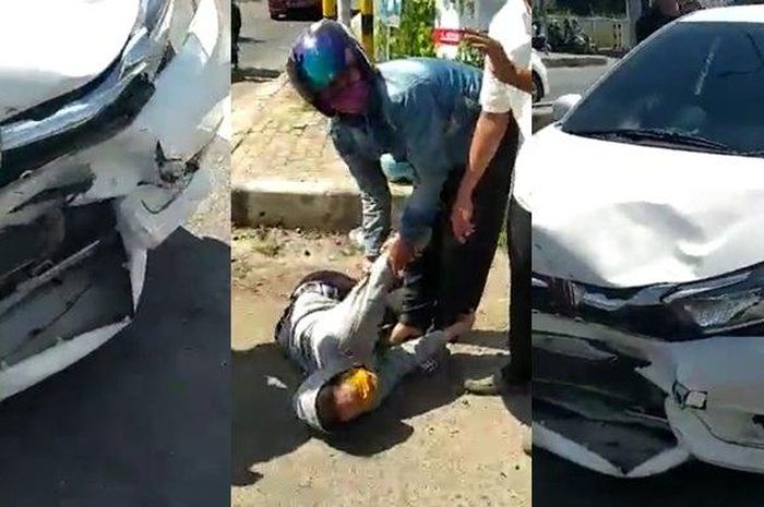 Honda Brio ringsek saat keluar di exit tol Kayagung, Ogan Komering Ilir, Sumatera Selatan karena ditebas pemotor terobos lampu merah