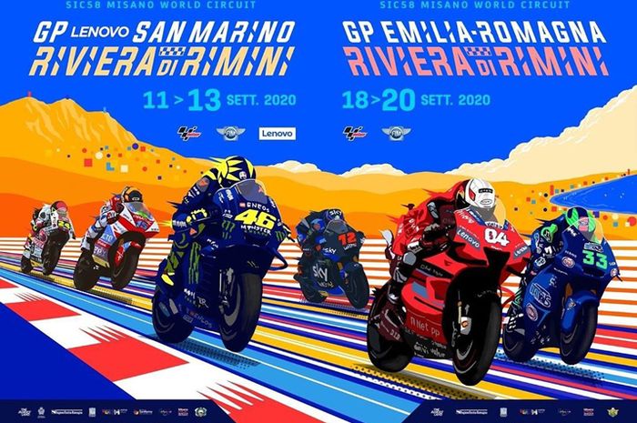 Poster MotoGP San Marino dan Emilia Romagna yang digelar di sirkuit MotoGP Misano, 13 dan 20 September 2020 nanti. Intip ada kejutan apa saja sih di sana?