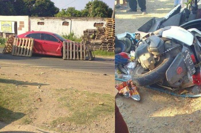 Kolase foto mobil Civic dan sepeda motor N-Max yang terlibat kecelakaan di Jalan Juwana-Tayu, Turut Desa Langgenharjo, Kecamatan Juwana, Jumat (4/9/2020). 
