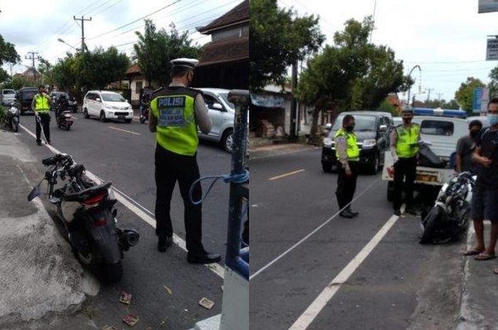 Satlantas Polres Gianyar saat melakukan olah TKP kecelakaan di Jalan Raya Dentiyis, Desa Batuan, Sukawati, Kamis (17/9/2020) 