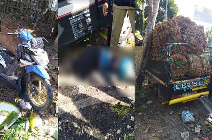 Kondisi sepeda motor Beat, korban dan pick up setelah mengalami kecelakaan beruntun di Jalan Raya Trasak, Kecamatan Larangan, Kabupaten Pamekasan, Madura, Selasa (22/9/2020) sekitar pukul 07.30 WIB.