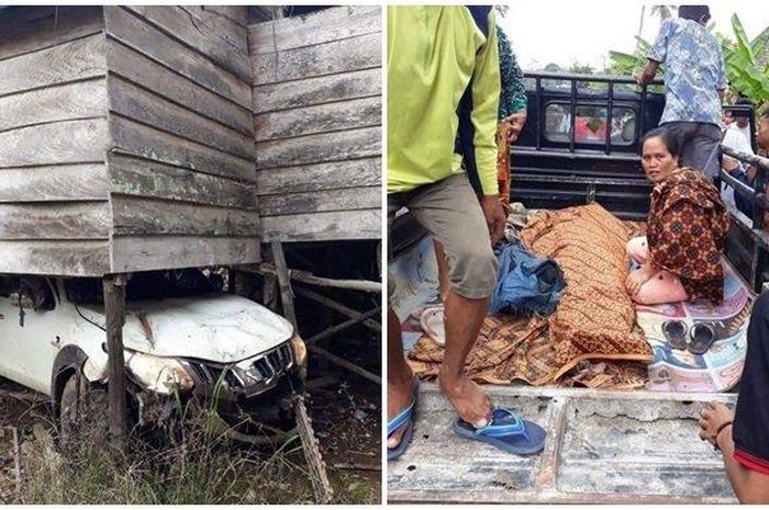 Mitsubishi Triton masuk ke kolong rumah usai tabrak seornag pedagang sayur hingga meninggal dunia, terjadi di di Jalan Lintas Tengah (Jalinteng) Betung-Sekayu tepatnya di Dusun VIII, Desa Epil, Kecamatan Lais, Kabupaten Musi Banyuasin (Muba), Minggu (20/9/2010).