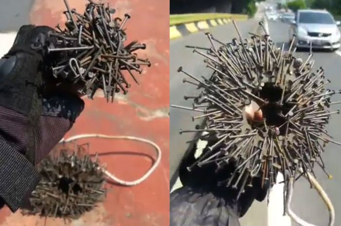 Ranjau paku di kawasan fly over Slipi, Jakarta Barat.