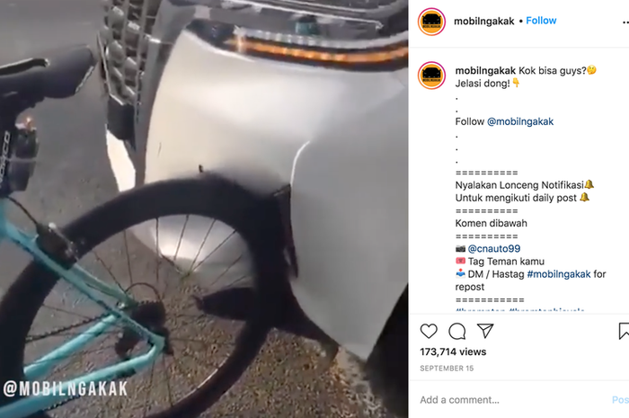Toyota Alphard bonyok bumper depan setelah beradu lawan sepeda