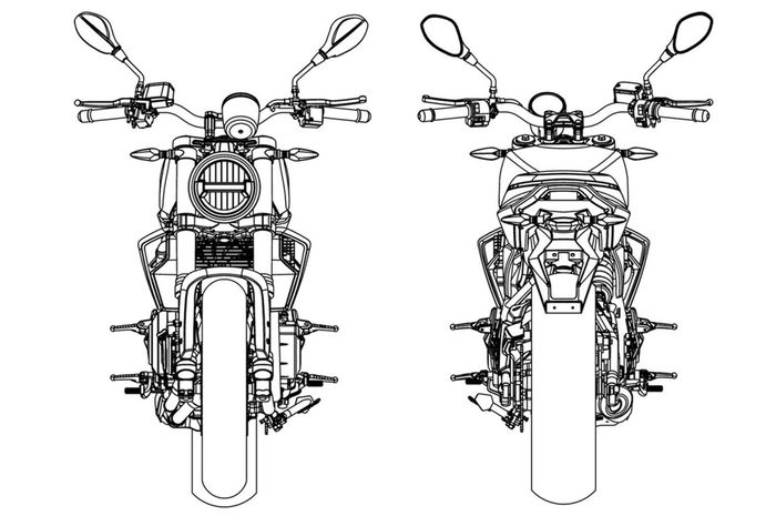Gambar paten Harley-Davidson 338R, tampak depan-belakang