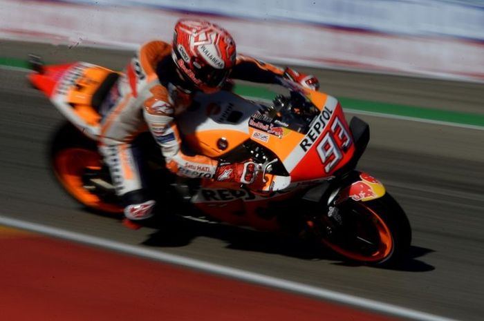 Marc Marquez, saat menjalani sesi latiha bebas MotoGP Aragon di Sirkuit Motorland, Alcaniz, Sabtu (21/9/2019).