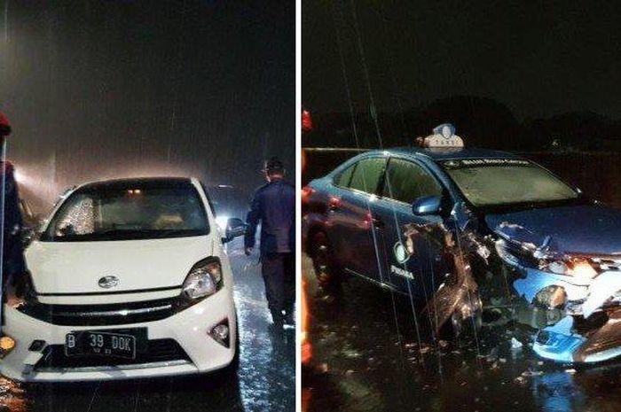 Toyota Agya terlibat adu tubruk lawan taksi di Jalan Layang Pangeran Antasari, Cipete Selatan, Cilandak, Jakarta Selatan, Jumat (9/10/2020) dini hari.