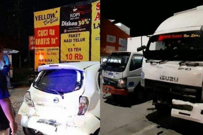 Nissan March, Honda MegaPro dan truk box disosor truk tronton saat berhenti di lampu merah Exit Tol Ngasem, Karanganyar, Jawa Tengah