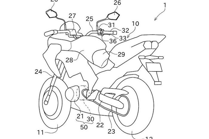 Desain paten Kawasaki untuk motor hybrid yang bocor ke publik.