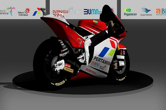 Livery motor tim Moto2 Indonesia (Mandalika Racing Team), dengan basis mesin Triumph Street Triple.