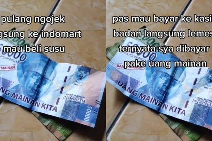 Viral video driver ojek online (ojol) dibayar pakai uang mainan.  