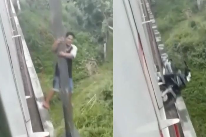 Pemotor bergelantungan di jembatan usai berpapasan dengan kereta api, lokasi di Jembatan Kali Cikeas, kereta Nambo ke arah Cibinong.