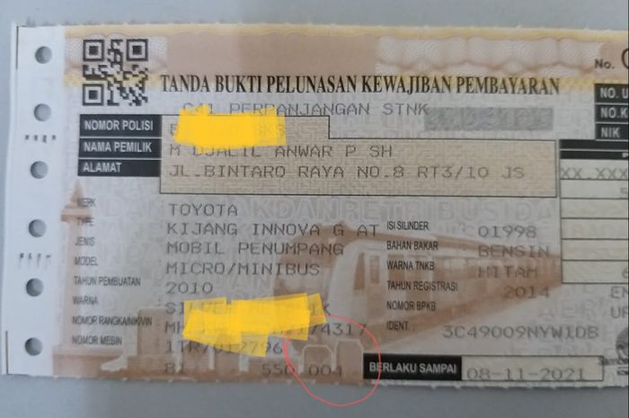 Letak tanda pajak progresif di STNK