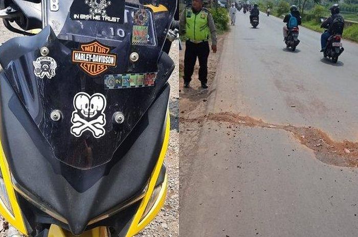 Kendaraan Yamaha Aerox B-4442-TSO yang mengalami kecelakaan di Jalan Inspeksi Kalimalang, Tambun Selatan, Bekasi, Rabu, (11/11/2020). 