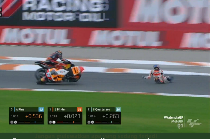 Alex Marquez alami crash horror saat kualifikasi MotoGP Valencia 2020, Sbatu (14/11/2020) di Sirkuit Ricardo Tormo, Spanyol.