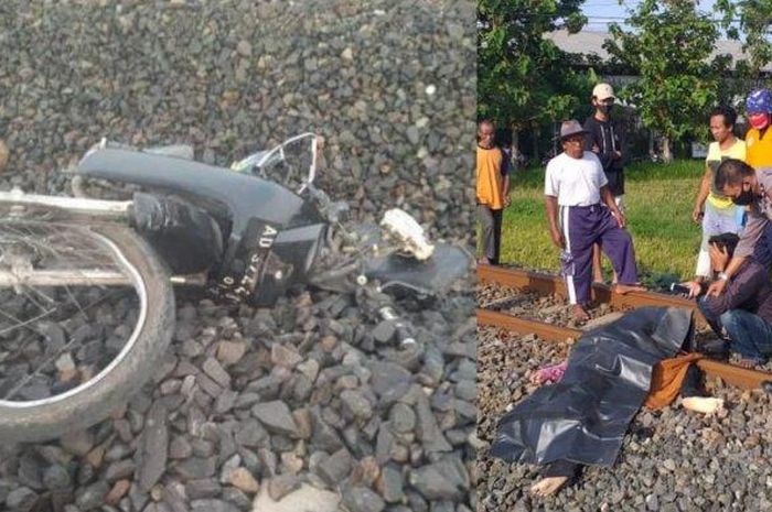 Kolose : Motor yang hancur dan jasad ibu muda tertabrak kereta di perlintasan rel tanpa palang pintu di Desa Pulosari, Kecamatan Kebakkramat, Kabupaten Karanganyar, Sabtu (28/11/2020). 