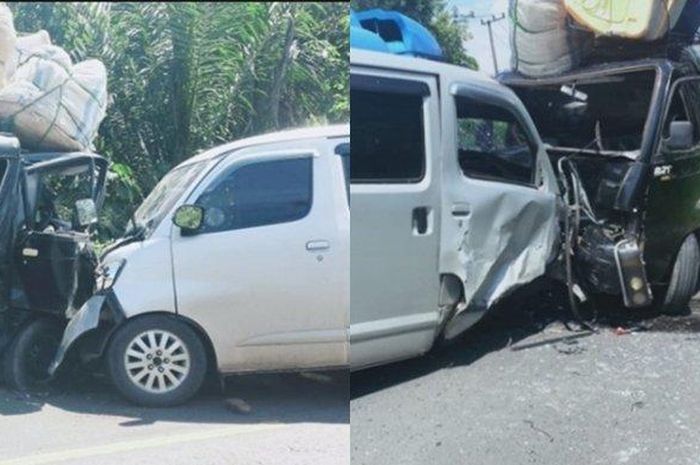 Daihatsu Luxio tabrak angkot usai kena senggol Toyota Avanza asal nyalip di jalan raya Prabumulih-Muara Enim, desa Tanjung Terang, Belimbing, kabupaten Muara Enim, Sumatera Selatan