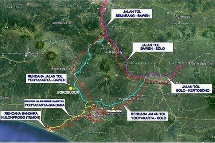 Ilustrasi ruas jalan tol Yogyakarta-Solo, Yogyakarta-Bawen, dan Yogyakarta-Kulonprogo