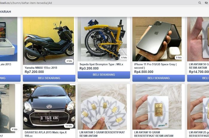 Tampilan marketplace 'Pegadaian' menjual sepeda, motor dan logam mulia