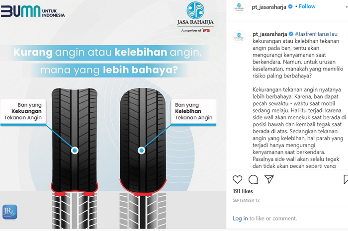 Informasi dari akun Instagram @pt_jasaraharja soal bahaya mana antara kekurangan atau kelebihan tekanan ban