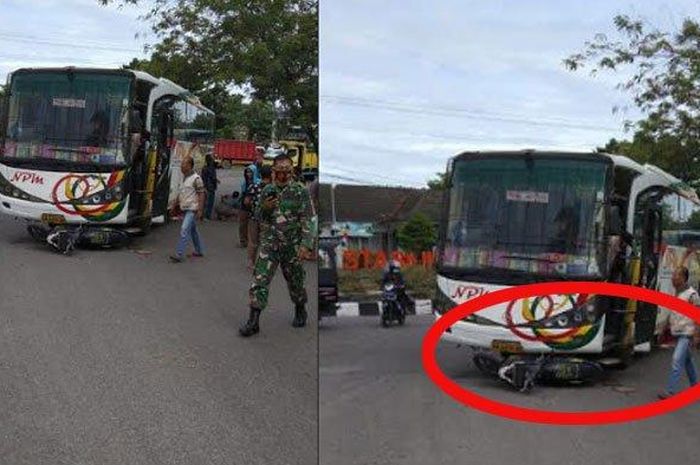 Honda BeAT yang dikendarai ibu dan anak terjepit di bawah bus