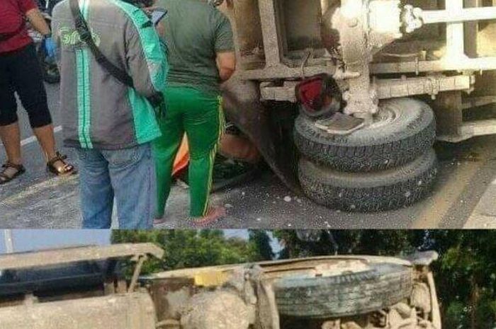 Honda Vario yang dikendarai anggota TNI tertimpa truk oleng