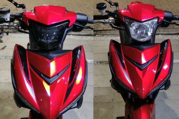 Perbandingan headlamp led kit Zhipat (kiri) dan standar Yamaha MX King (kanan)