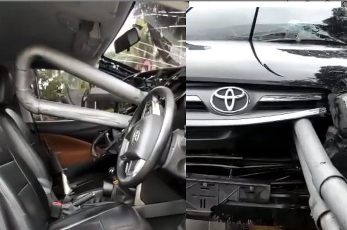 Toyota Innova tabrak pembatas jalan,  besi pembatas menancap hingga masuk ke dalam kabin- Instagram @tmcpoldametro