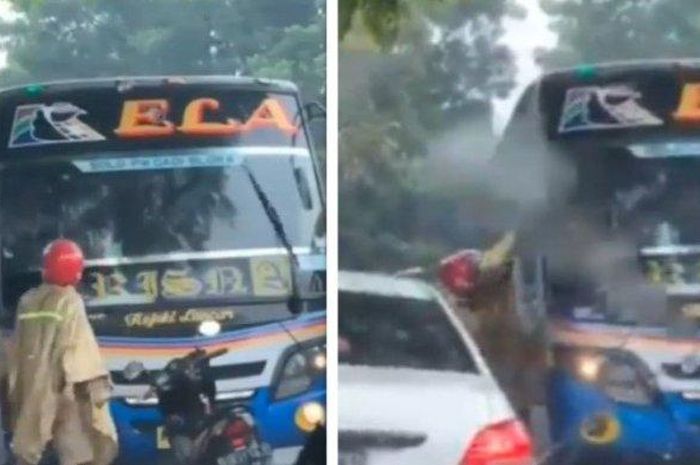 Pengendara Honda BeAT memarkirkan motornya pas di depan bus yang melaju ugal-ugalan