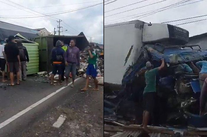 Kondisi truk boks ringsek parah setelah terlibat kecelakaan dengan truk sampah