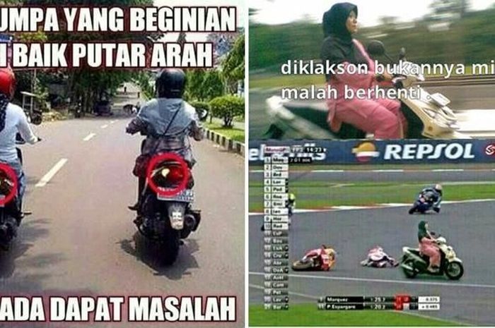 Meme ibu-ibu yang kerap bikin kesal saat naik motor di jalan.(Istimewa) 