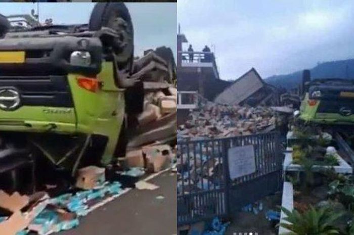 Viral video truk mengangkut produk minuman terguling di Jalan Raya Tawangmangu-Karanganyar, Jumat (22/1/2021). Polisi menyebut akibat rem blong.  