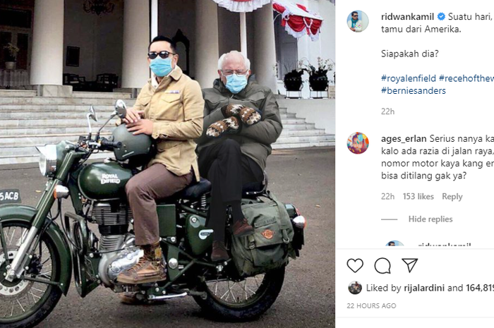 Ridwan Kami bikin meme Bernie Sanders naik Royal Enfield